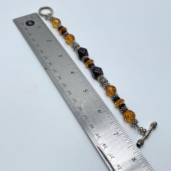 Elyie 925 Sterling Silver Signed Artisan Amber Color Glass Beaded Bracelet - Picture 6 of 8